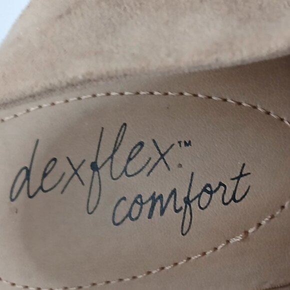 Dexflex Women Peep Toe High Block Heel Sandal Size 8 Boho Chic Vegan Textile Tan - Picture 7 of 7